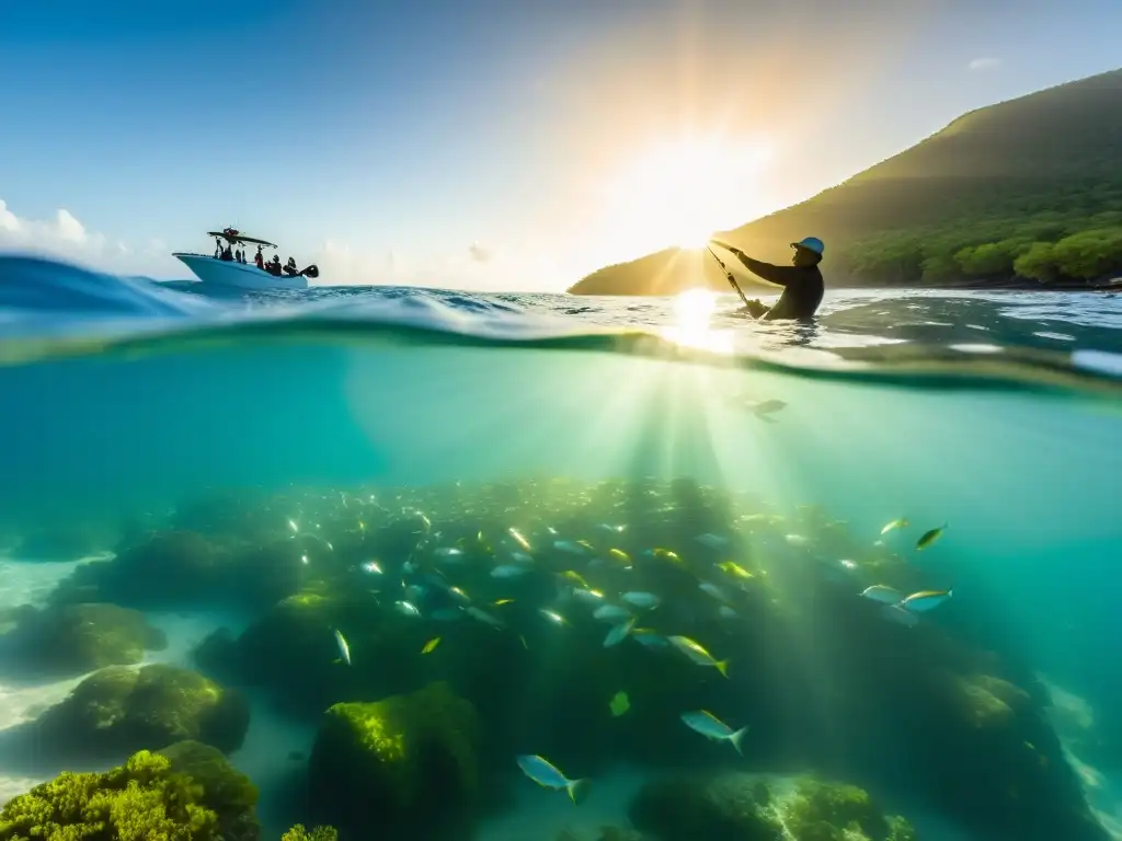 Grupo de pescadores y biólogos liberando peces en aguas cristalinas, demostrando la importancia de la pesca sostenible