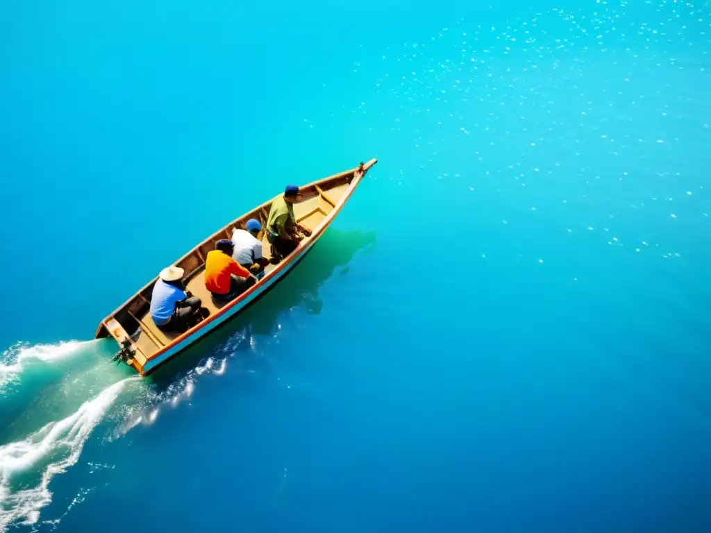 Grupo de pescadores en bote tradicional, recogiendo red con mariscos responsables sello orgánico en el océano azul