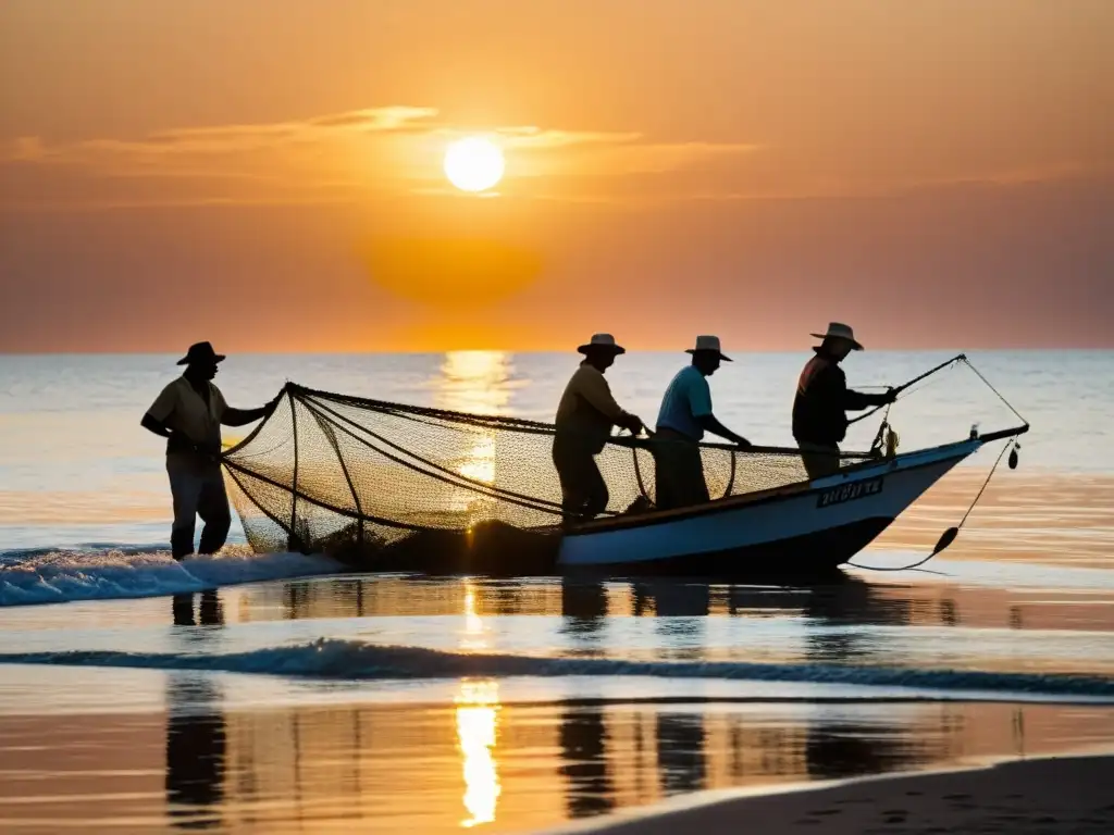 Grupo de pescadores trabajando juntos para recoger una red de pesca del mar, con el sol de la mañana iluminando el horizonte