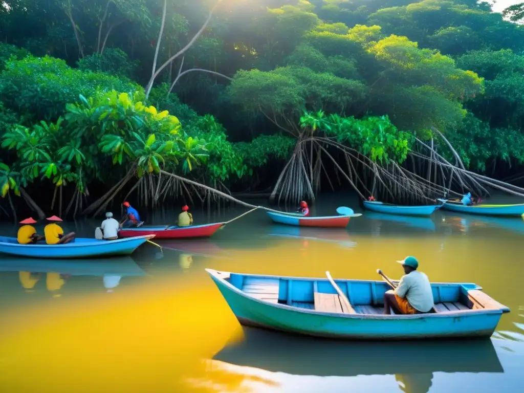 Grupo de pescadores locales en manglares, descargando su pesca al atardecer