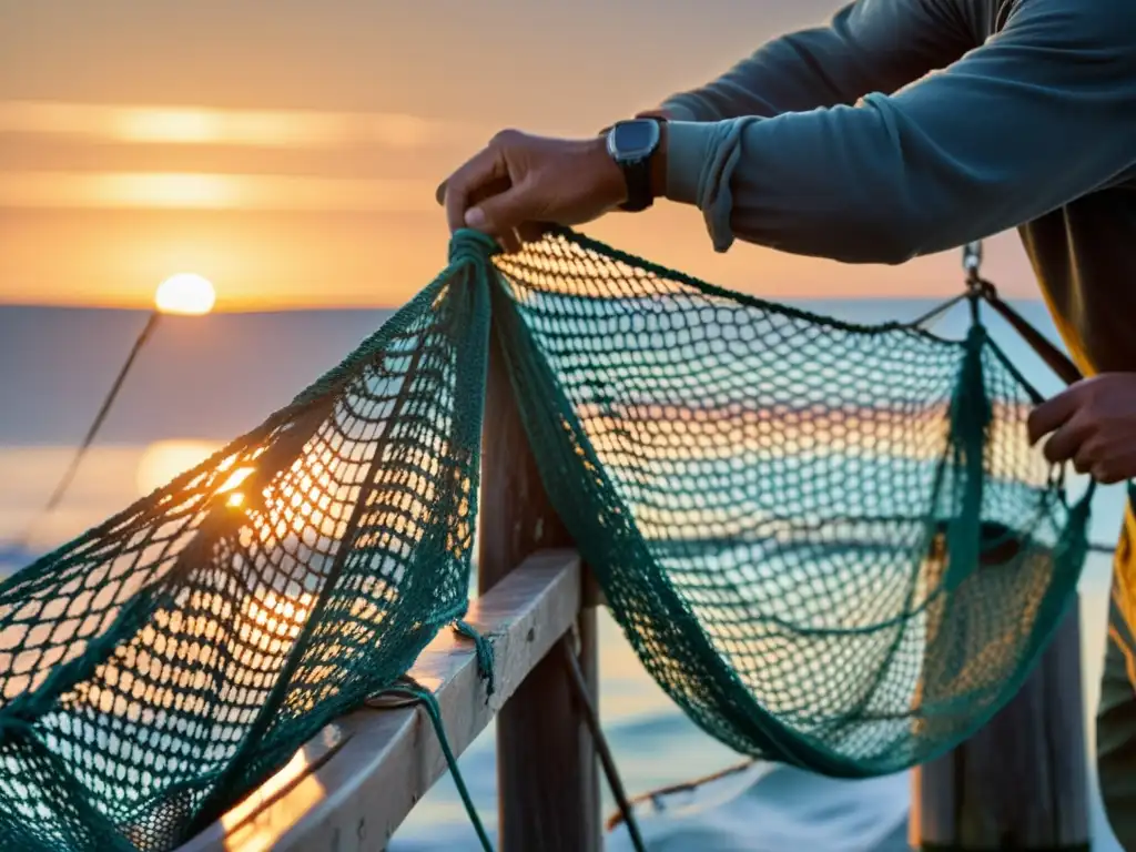 Grupo de pescadores desenredando una red de pesca en un muelle de madera, destacando la importancia de la pesca sostenible en el amanecer del océano