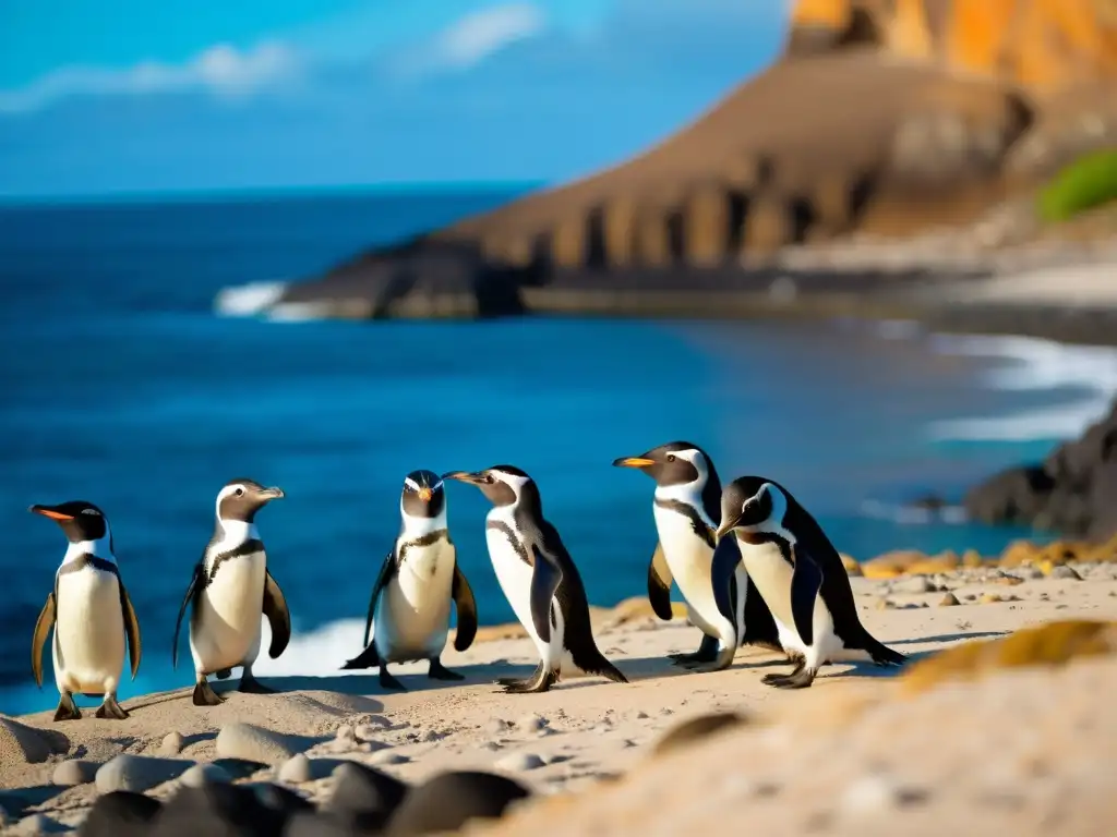 Grupo de pingüinos de Galápagos en la costa rocosa, destacando su plumaje en blanco y negro