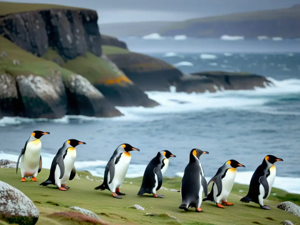 Un grupo de pingüinos camina en la naturaleza salvaje en Islas Shetland, rodeados de un paisaje helado y salvaje