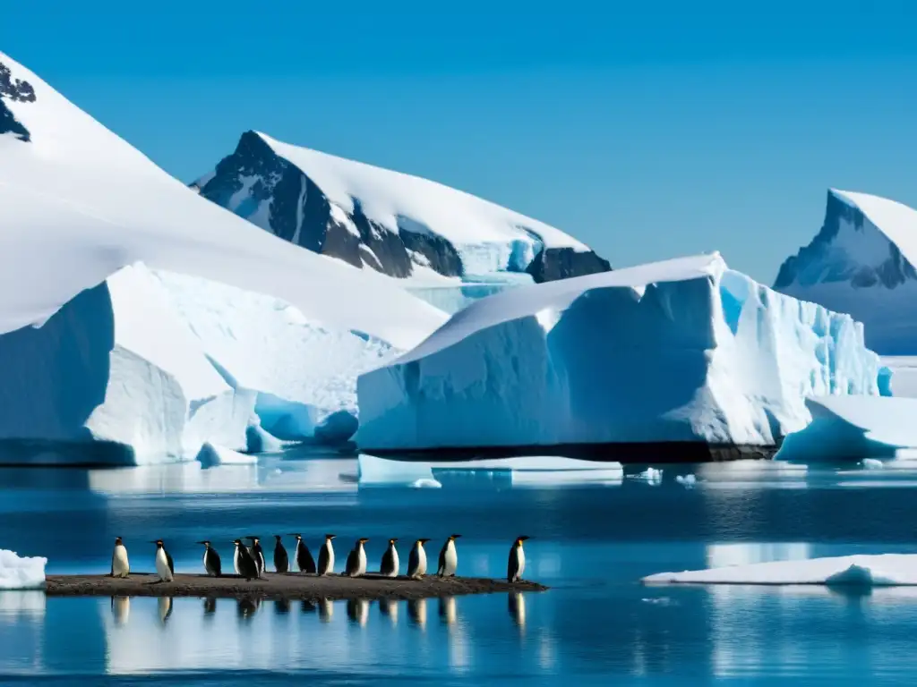 Grupo de pingüinos en paisaje antártico aislado, con icebergs y glaciares