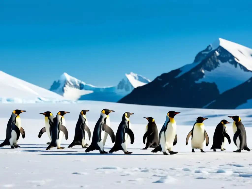 Un grupo de pingüinos camina en armonía sobre el paisaje helado de la Antártida, con montañas nevadas al fondo y un cielo azul claro