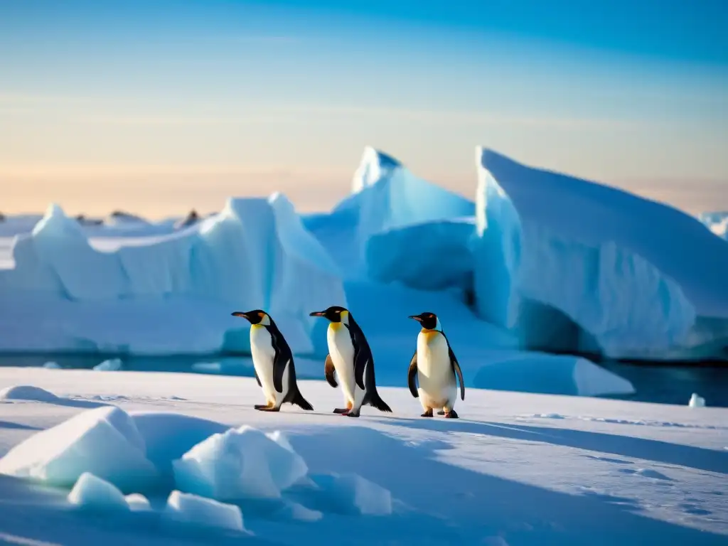 Un grupo de pingüinos se desplazan graciosamente por el terreno helado de la Península Antártica, rodeados de nieve y enormes icebergs