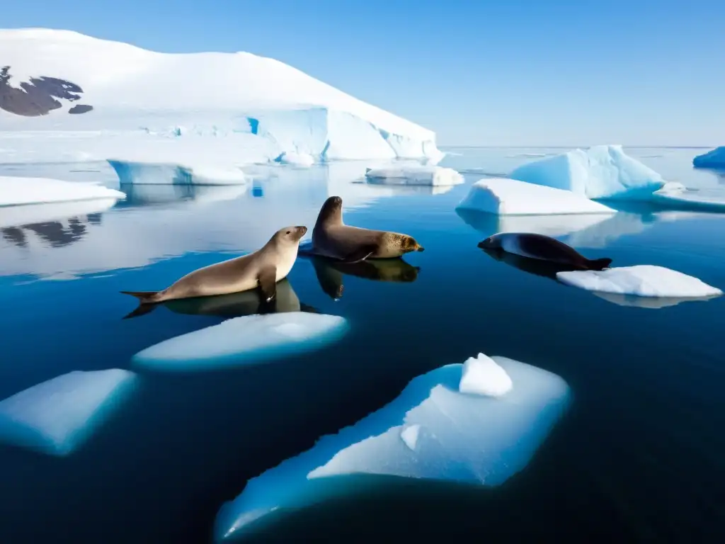 Un grupo de pinnípedos, incluyendo focas y leones marinos, descansando en un témpano de hielo en el Ártico