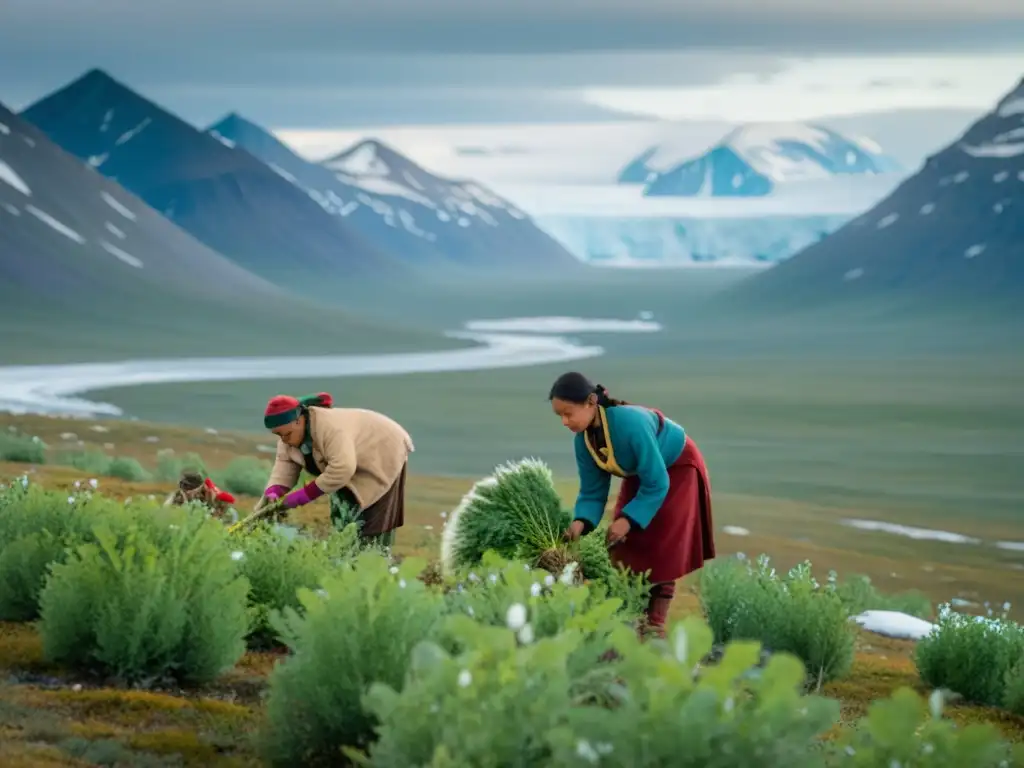 Grupo indígena recolecta plantas comestibles en la tundra nevada, resaltando su dieta tradicional