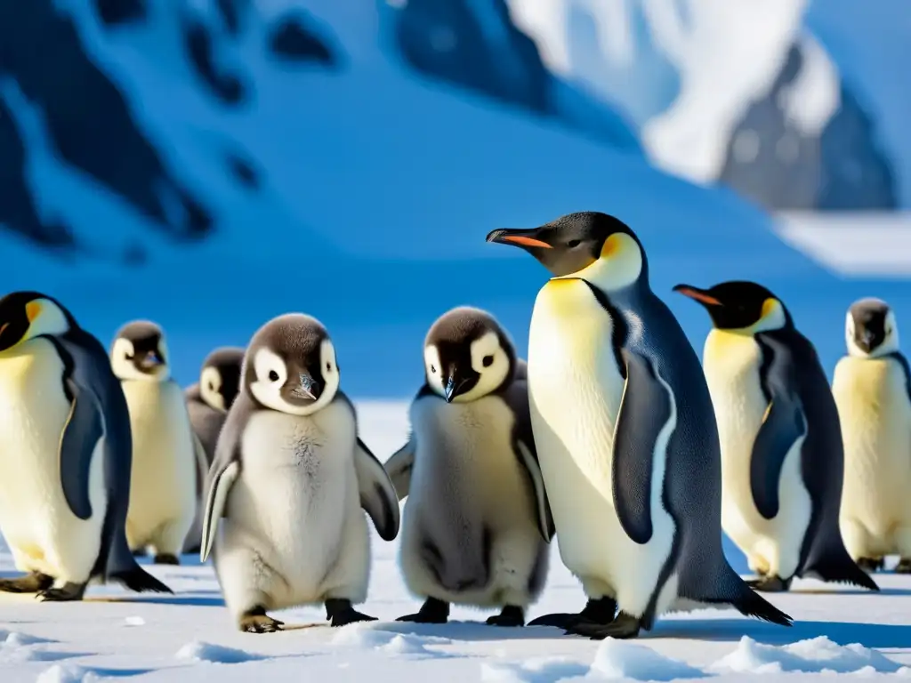 Emperador Pingüino Chicks en la Antártida: Belleza y Resistencia Grupo de polluelos de pingüino emperador junto a sus padres en el helado paisaje antártico