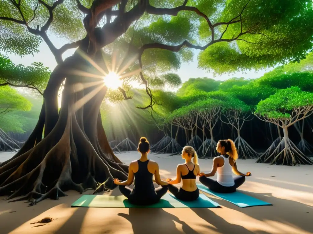 Grupo en pose de yoga entre raíces y vegetación exuberante en manglares, reflejando paz y conexión