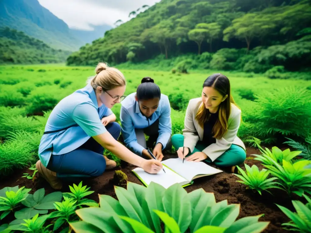 Grupo de postgrados realizando proyectos reales en ecosistemas, investigando biodiversidad y tomando muestras en un vibrante entorno natural