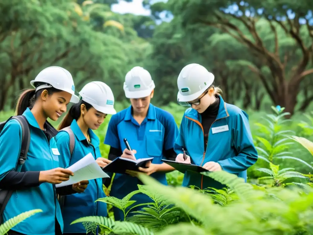 Grupo de postgraduados en ciencias ambientales realizando investigación de campo en un ecosistema exuberante