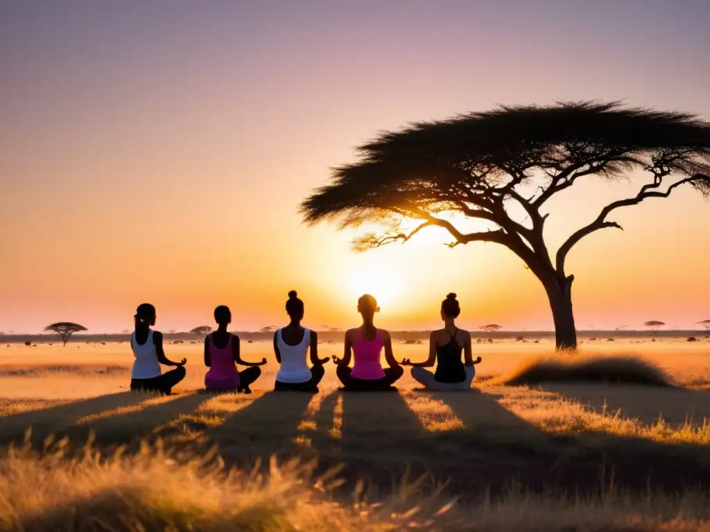 Un grupo de yoguis practicando sus posturas al amanecer en la vasta sabana africana, con la luz dorada creando sombras dramáticas