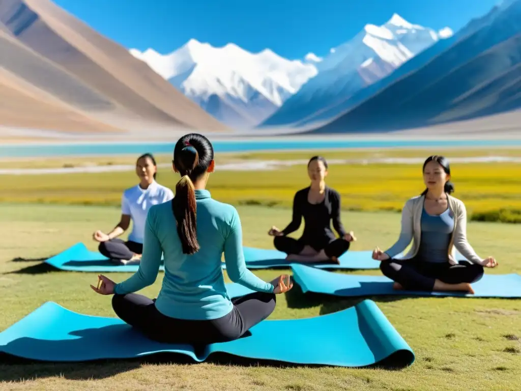 Un grupo de practicantes serenos de yoga se reúnen en la tranquila y amplia meseta tibetana, con montañas nevadas de fondo y un cielo azul claro