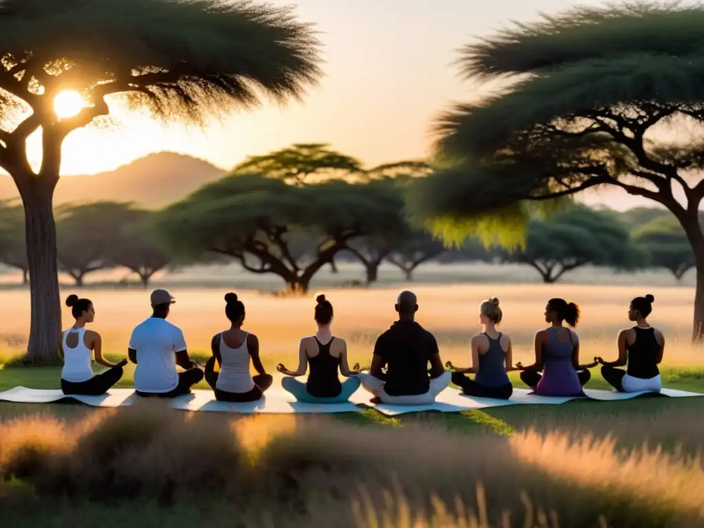 Un grupo de practicantes de yoga disfruta de una sesión en la sabana africana al atardecer, mostrando armonía entre mente, cuerpo y naturaleza