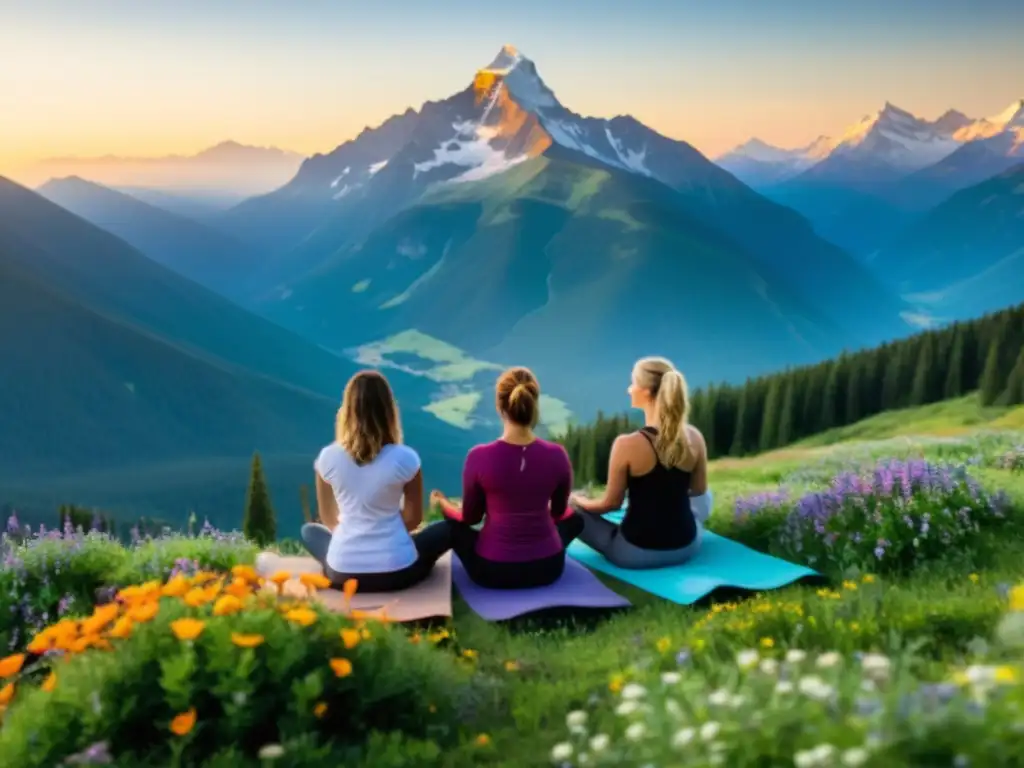 Un grupo de practicantes de yoga medita en la cima de una montaña, rodeados de naturaleza exuberante y picos nevados al fondo