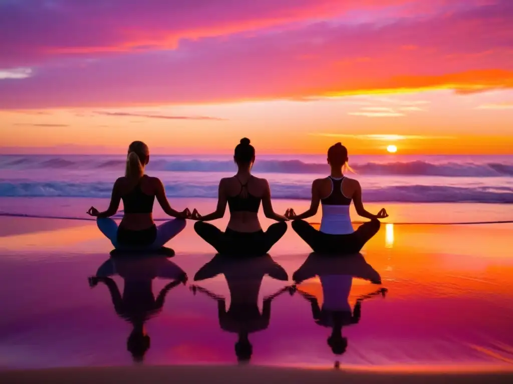 Un grupo de practicantes de yoga en entorno marino, en poses serenas, con el sol radiante y el mar tranquilo de fondo