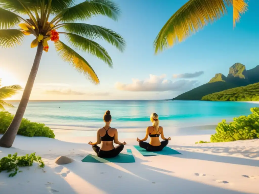 Un grupo de practicantes de yoga en islas remotas meditando en un paraíso tropical sereno y tranquilo, conectando con la naturaleza