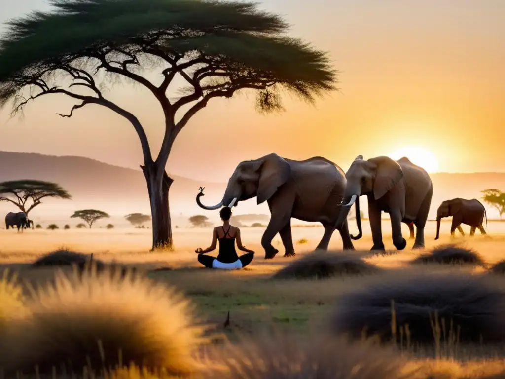 Un grupo de practicantes de yoga realiza posturas en una sabana africana al amanecer, en armonía con la naturaleza