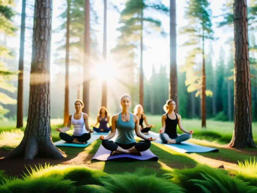 Un grupo de practicantes de yoga en el bosque boreal, rodeados de pinos altos, realizan poses en una clara serena y frondosa