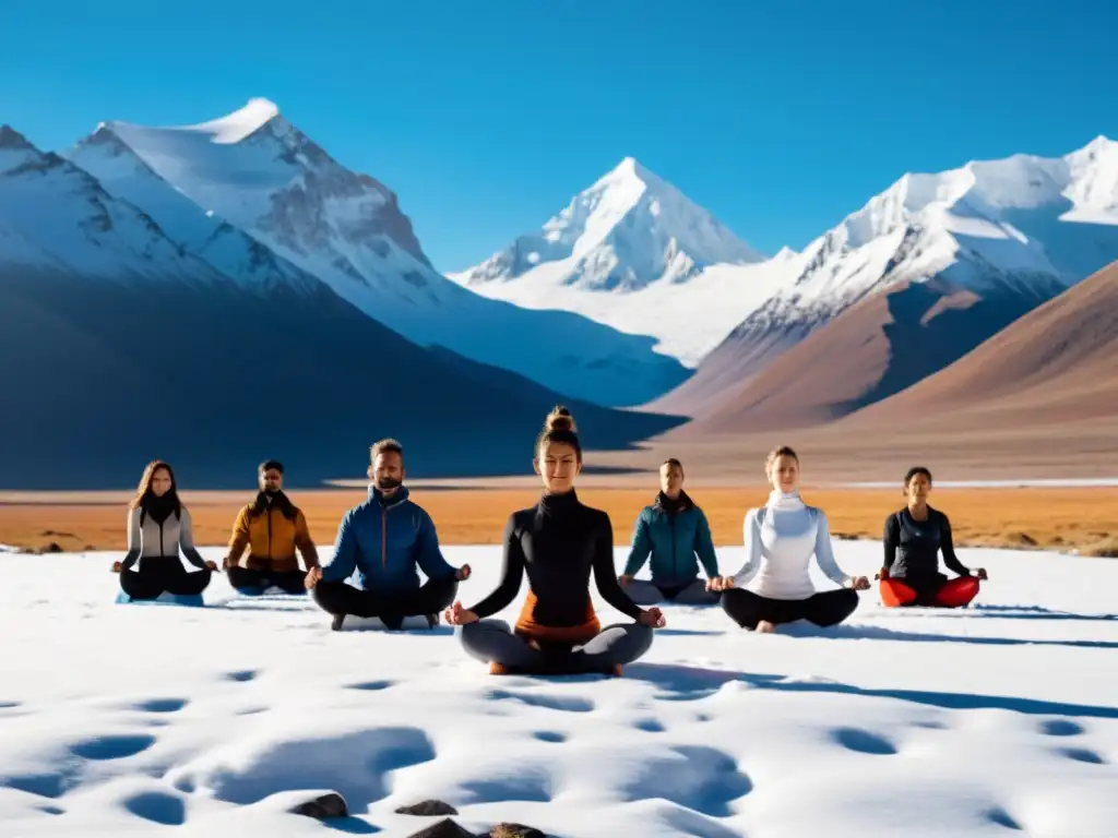 Grupo de practicantes de yoga realizando saludos al sol en el altiplano, con beneficios del yoga en altiplano