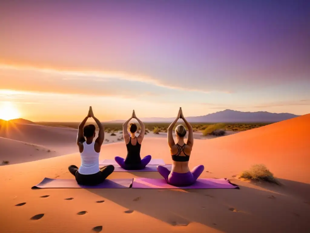 Un grupo de practicantes de yoga serenos disfruta de una sesión pacífica al atardecer en un oasis en el desierto