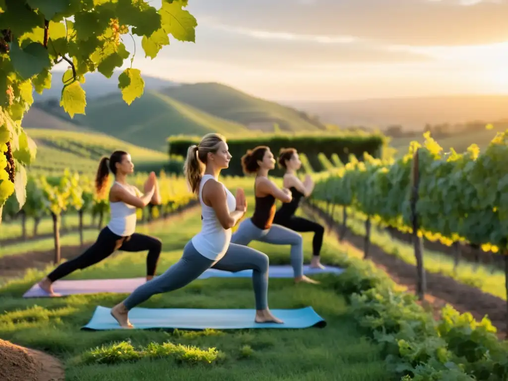 Un grupo de practicantes de yoga en un viñedo, fusionando armonía natural y movimiento en poses de vinyasa mientras el sol se pone sobre ellos