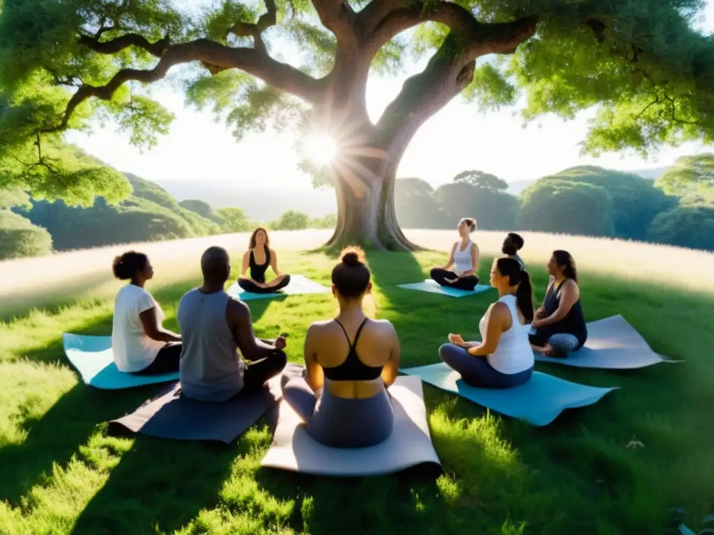 Grupo en meditación y yoga en un prado verde, bajo árboles antiguos