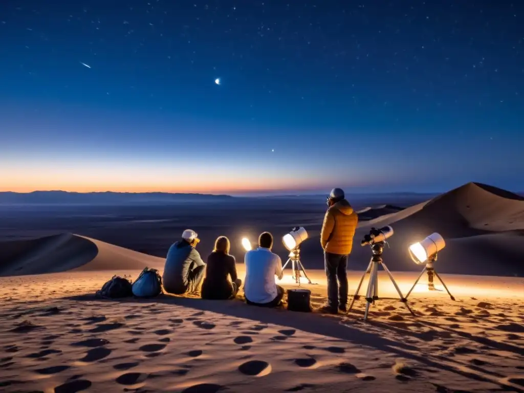 Grupo de principiantes observando estrellas con telescopios en un desierto iluminado por la luna