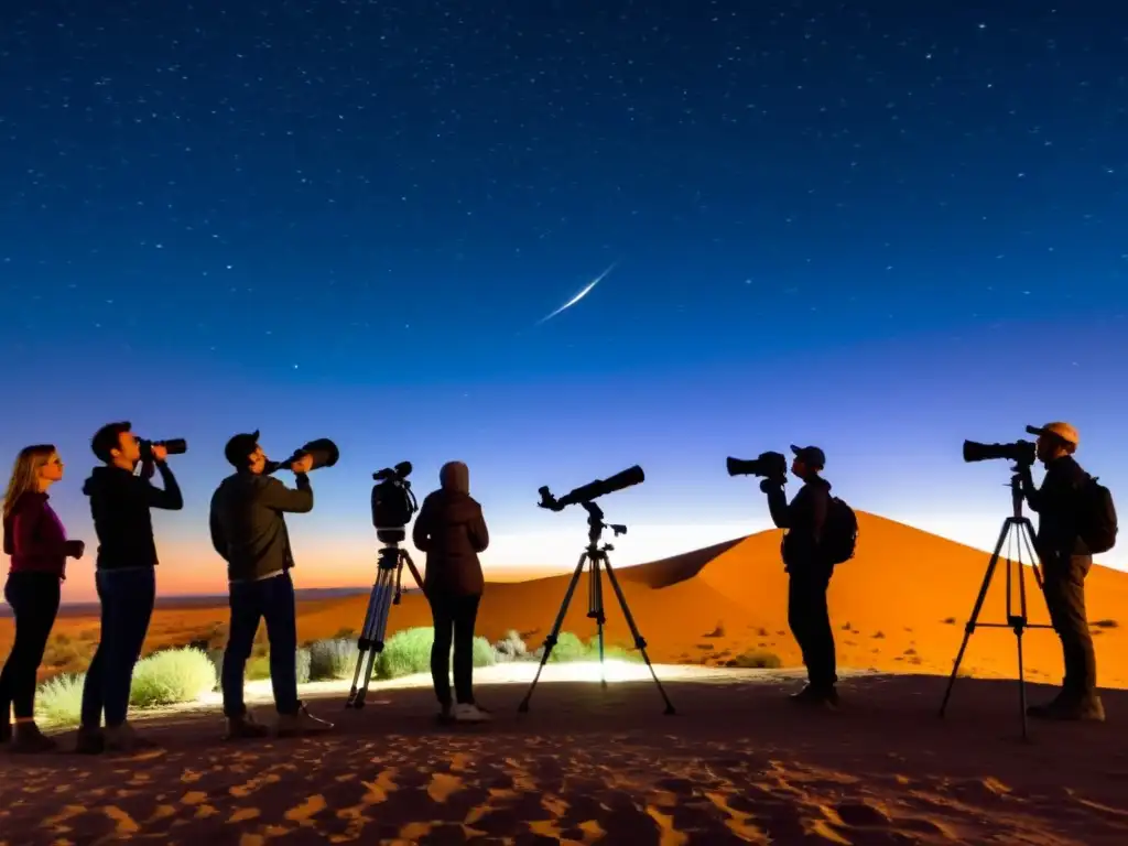 Un grupo de principiantes observa las estrellas a través de telescopios en el desierto, creando una atmósfera de asombro y exploración