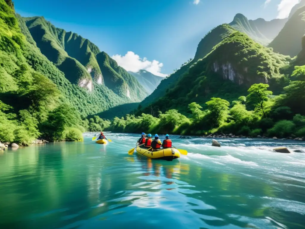 Grupo de rafters disfrutando de un rafting responsable en ecosistemas naturales, rodeados de naturaleza exuberante y montañas imponentes