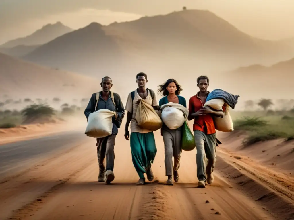 Grupo de refugiados ambientales en un largo camino polvoriento, rostros cansados expresan el impacto humano del cambio climático