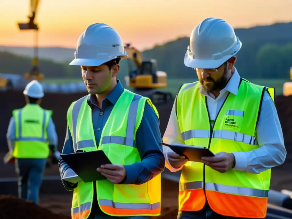 Un grupo de reguladores ambientales inspecciona un sitio de construcción al atardecer, resaltando los desafíos de implementar legislación ambiental