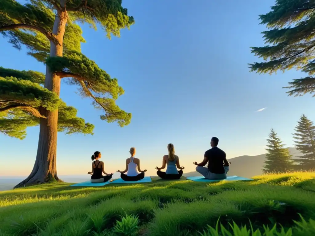 'Un grupo en retiro de yoga transformación vida medita en la cima de una montaña, rodeado de naturaleza serena y cielo azul claro