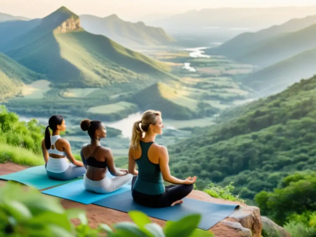 Grupo en retiro de yoga transformación vida practicando en montaña serena y soleada, conexión con la naturaleza y tranquilidad