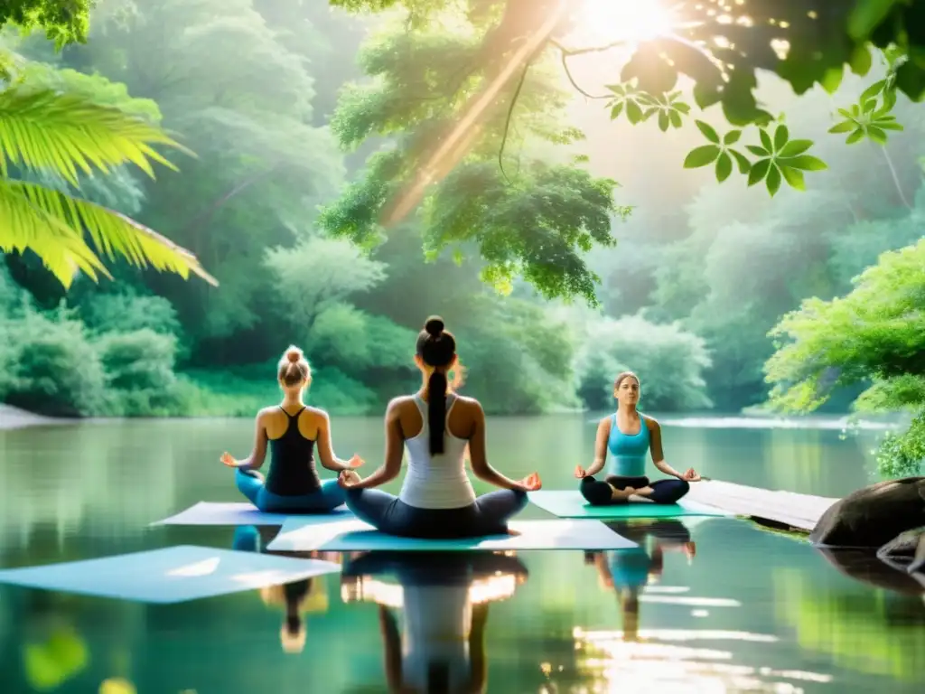 Grupo en retiro de yoga meditando en la orilla de un río sereno rodeado de naturaleza exuberante, reflejando calma y armonía