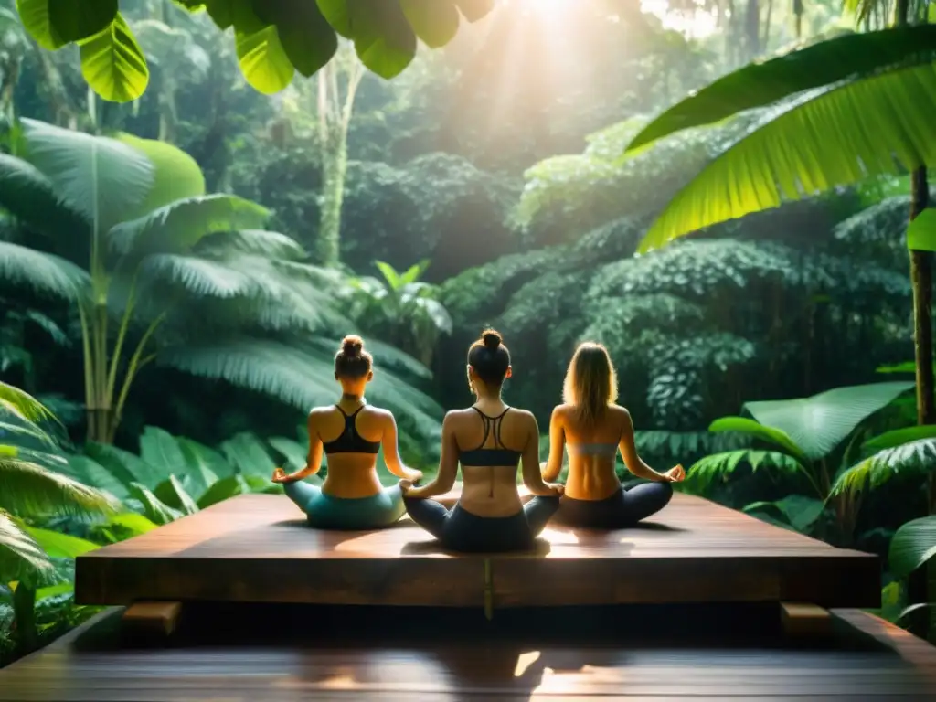 Grupo en retiros de yoga en la Amazonía meditando en la exuberante selva, creando un ambiente sereno y espiritual