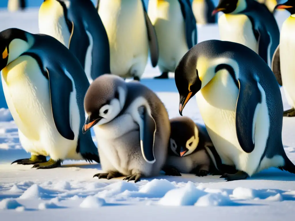 Tierna imagen de polluelos de pingüino emperador en la Antártida Grupo de pingüinos emperador crías reunidas en paisaje antártico