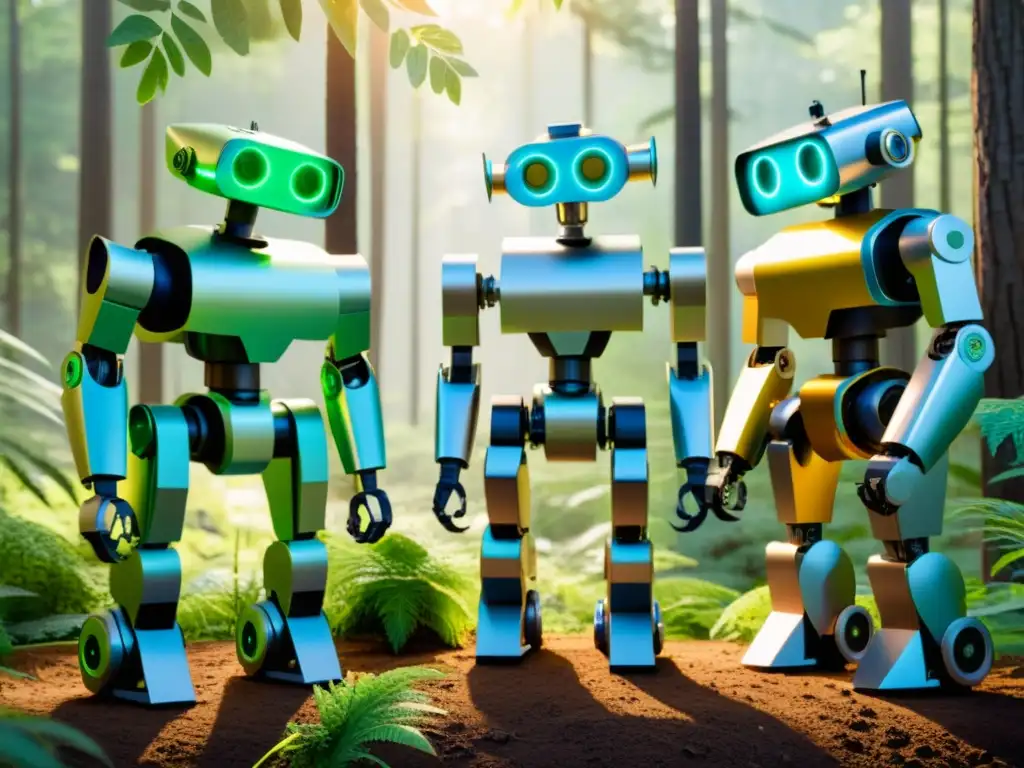 Un grupo de robots metálicos planta árboles en un bosque exuberante