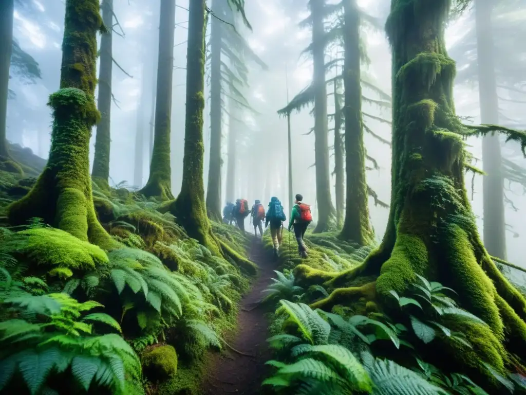 Un grupo de senderistas explorando un bosque nublado, con árboles cubiertos de musgo y helechos