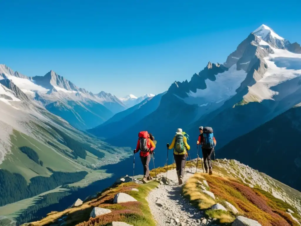 Explorando senderos alpinos: Aventura y respeto en los Alpes Un grupo de senderistas recorriendo un estrecho sendero de montaña en los Alpes, con picos nevados y un cielo azul claro