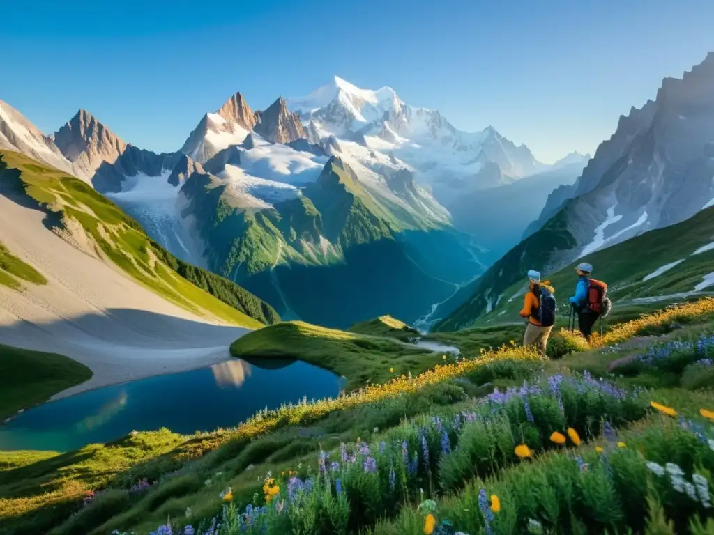 Mont Blanc al amanecer: admiración y respeto en los senderistas Un grupo de senderistas contempla con respeto el majestuoso Mont Blanc al amanecer