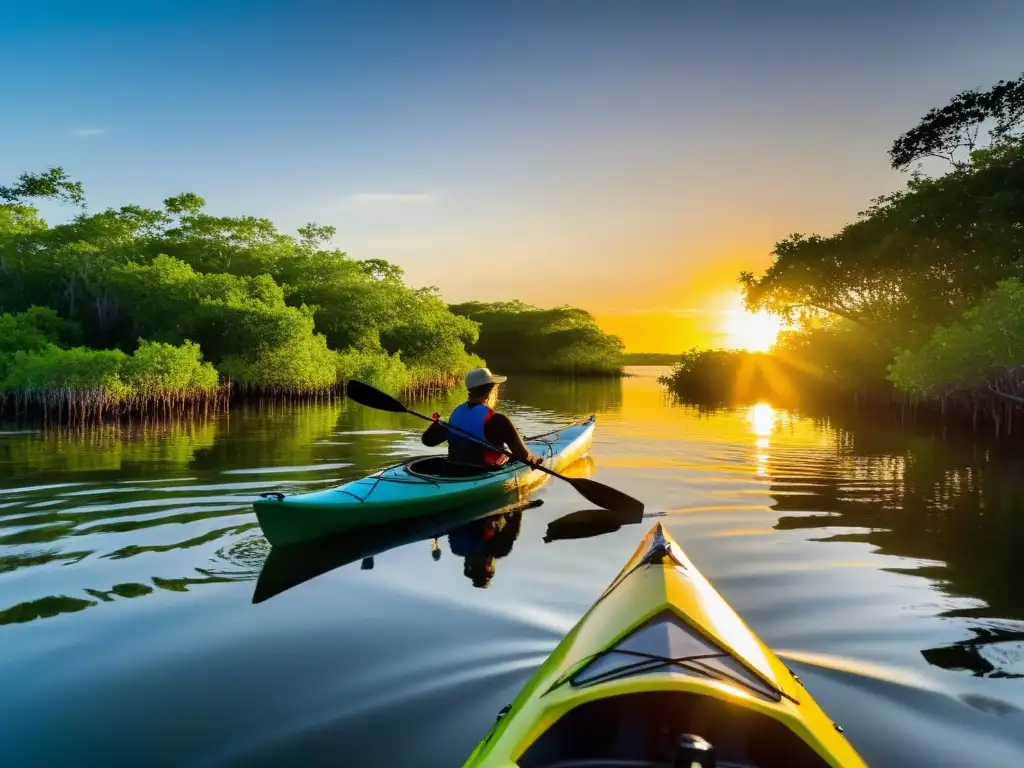 Un grupo de kayaks surcando las serenas aguas de los Everglades, rodeados de exuberantes manglares y vida silvestre