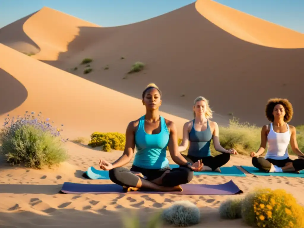 Un grupo sereno practica yoga en un oasis rodeado de dunas, bajo un cielo azul