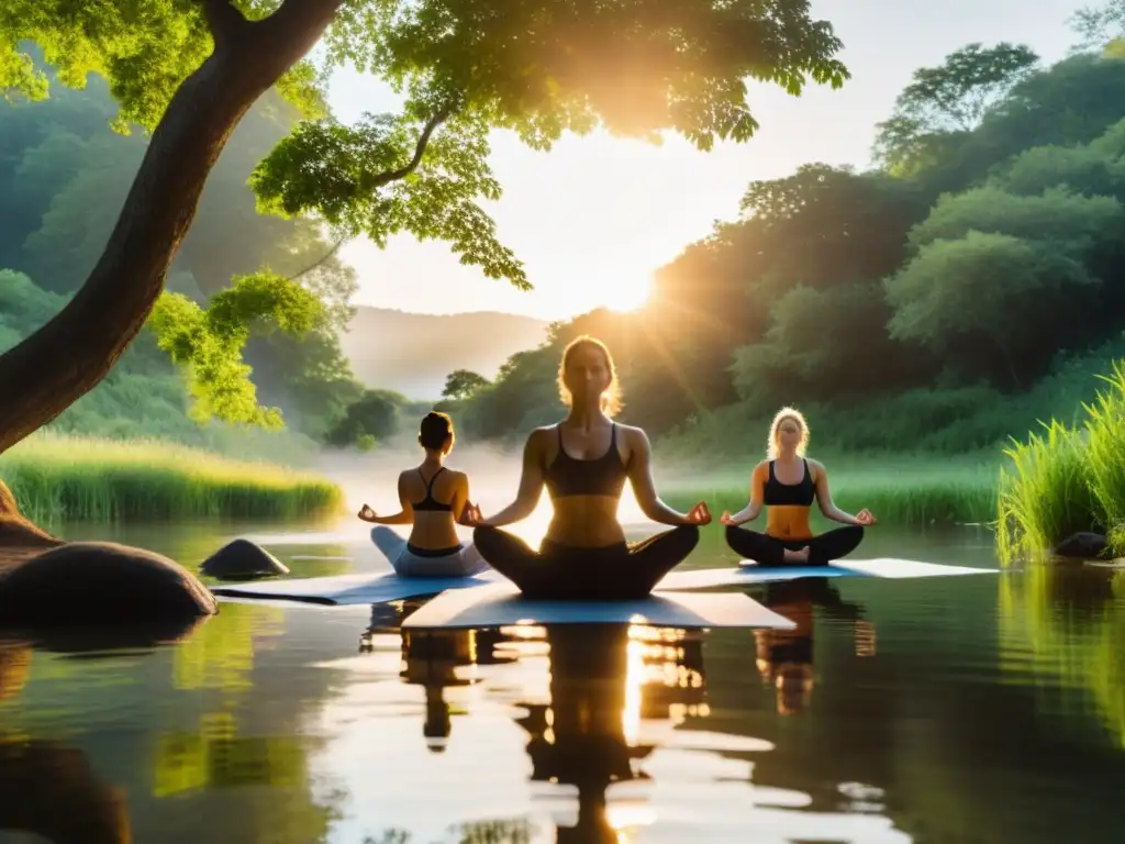 Grupo sereno practicando yoga en la ribera de un río, reflejando paz y conexión con la naturaleza en retiros de yoga en cauces de agua dulce