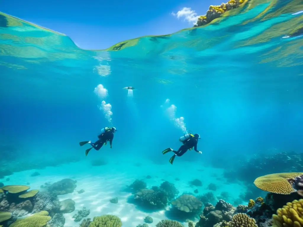 Un grupo de snorkelers con ropa protectora UV flotando sobre un vibrante arrecife de coral