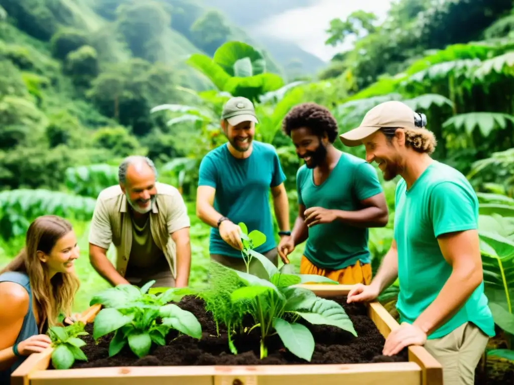 Un grupo participa en un taller de permacultura en medio de un entorno biodiverso, mostrando el poder de la permacultura en viajes itinerantes