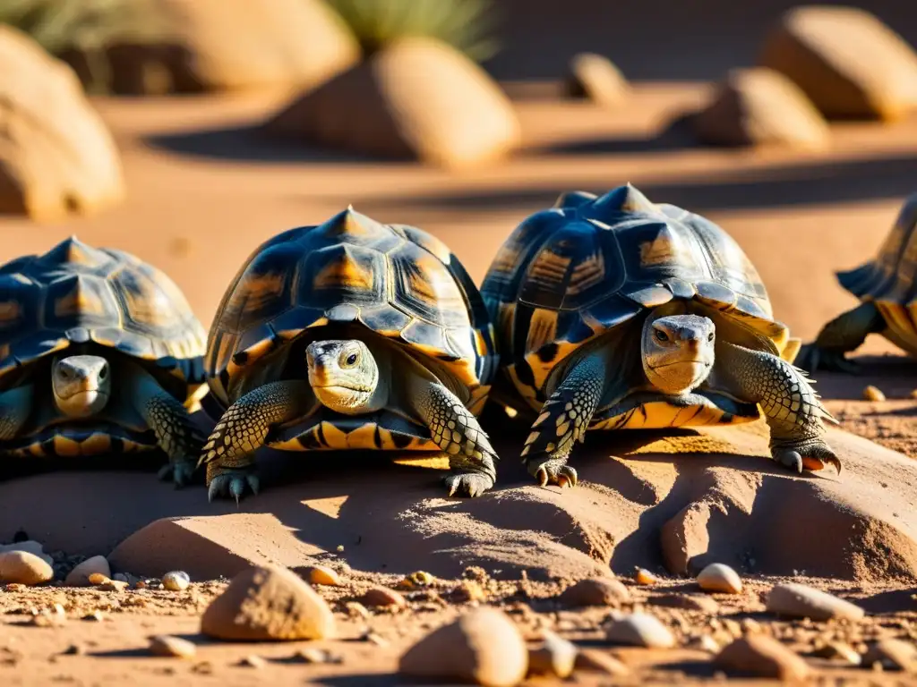 Grupo de tortugas del desierto refugiándose juntas en la sombra de una roca durante sequía extrema