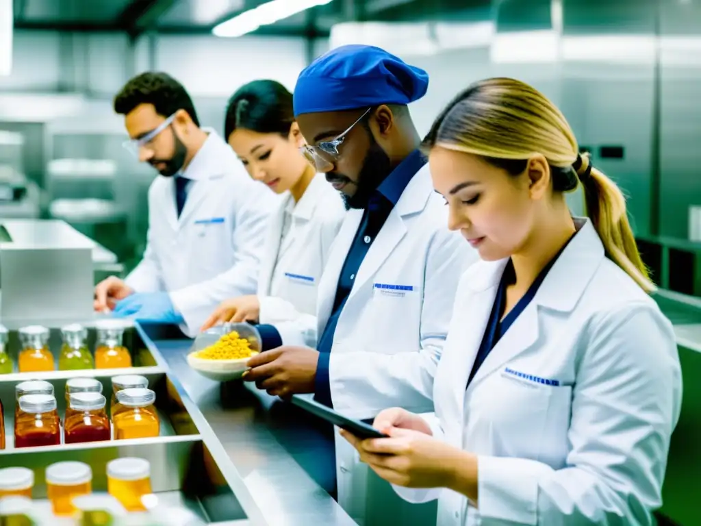 Un grupo de trabajadores en batas blancas realizando pruebas y análisis en una moderna planta de procesamiento de alimentos