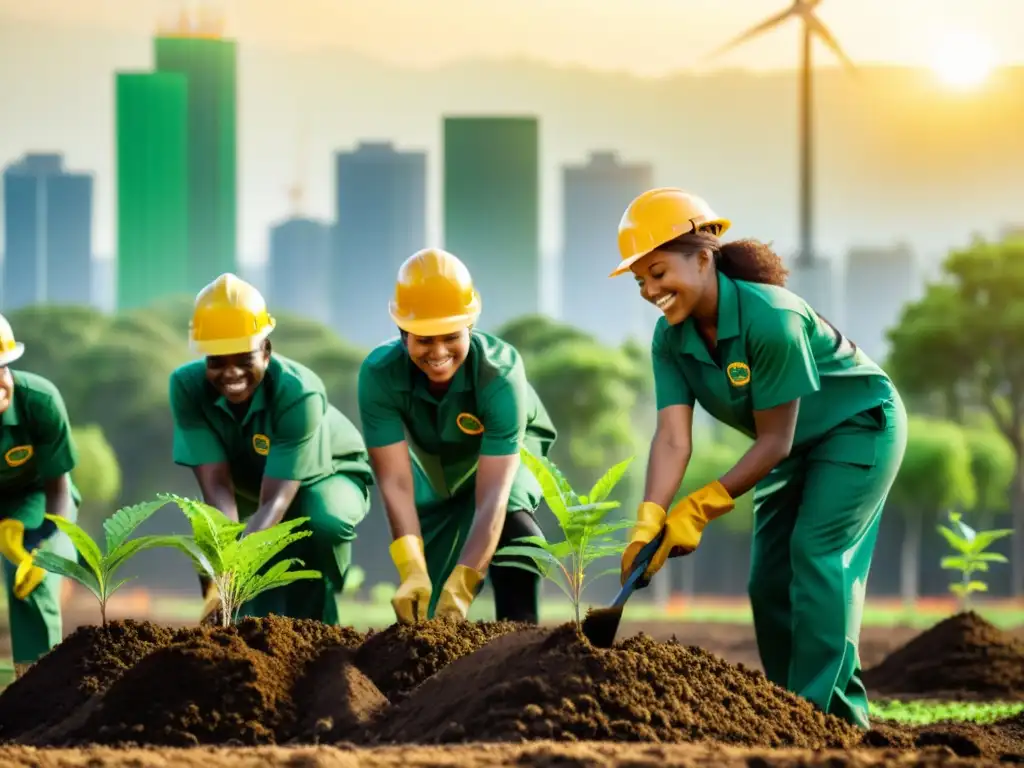 Un grupo de trabajadores diversos en uniformes verdes plantando árboles en un proyecto de reforestación